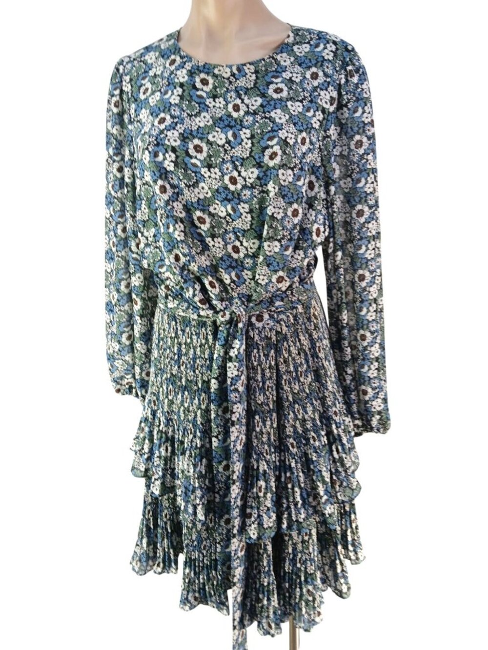 Boden Floral Tiered Long Sleeve Dress US 14 Blue Green Multicolor Plisse Mini